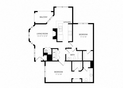 Floor plan for 2 beds, 2 baths, 1051 sqft